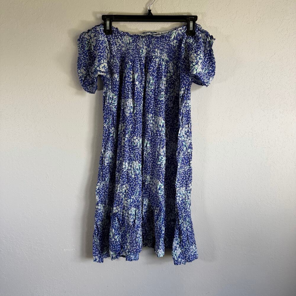 Free People Off the Shoulder Blue White Ditzy Floral Tiered Flowy Dress Womens L